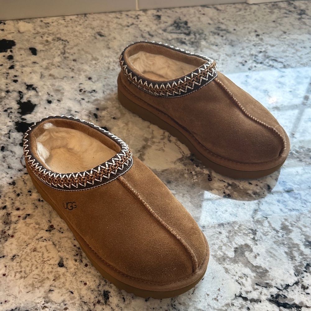 UGG Tan Suede Slippers with Patterned Trim